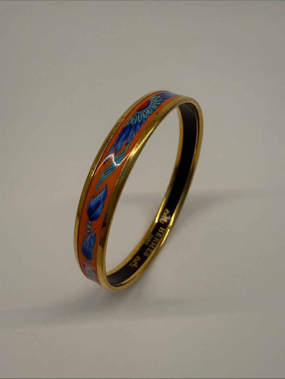 Hermes Orange and Blue Enamel mes Narrow Bangle Bracelet
